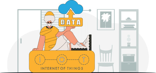 Fototapeta premium illustrationA man displaying a cloud storage device, in a modern character style vector illustration.
