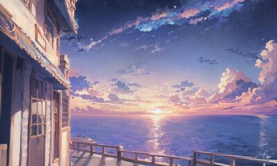 anime, sunrise over the sea, sunset over the ocean, night, stars, clouds, galaxy, beach, landscape. generative ai, generative, ai	