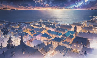 anime, sunrise over the sea, sunset over the ocean, night, stars, clouds, galaxy, beach, landscape. generative ai, generative, ai	