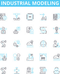 industrial modeling vector line icons set. Industrial, Modeling, Manufacturing, Process, Factory, Simulation, Analysis illustration outline concept symbols and signs