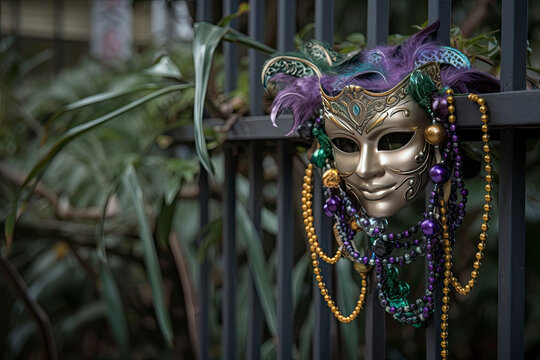 New Orleans Mardi Gras mask with bead necklaces hanging on wrought iron fence in the day created with Generative AI technology