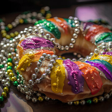New Orleans Mardi Gras king cake with bead necklaces draped around it created with Generative AI technology