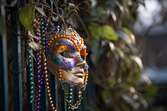 New Orleans Mardi Gras mask with bead necklaces hanging on wrought iron fence in the day created with Generative AI technology