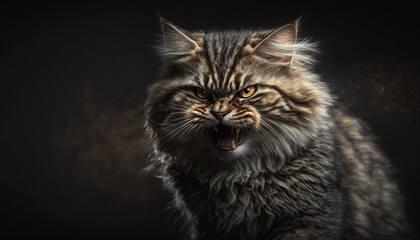 Hissing angry cat portrait. Agressive growling cat or feline. Ai generated