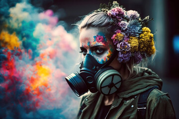 Young girl allergic to pollen in an anti-gas mask in the city with flowers on her head. Seasonal allergy and asthma concept.  Illustration. Generative AI - obrazy, fototapety, plakaty