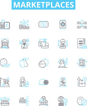 Marketplaces vector line icons set. Marketplaces, ecommerce, trading, buying, selling, retail, vendor illustration outline concept symbols and signs