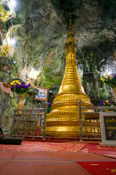 Golden stupa inside Myin Ma Hti Caves, near Kalaw and Aungpan, Shan State
