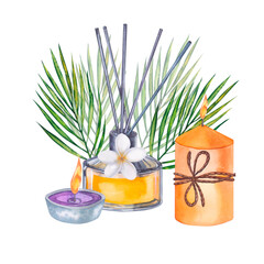 Spa concept. Bath accessories. Diffuser, candles, 
palm branches and a plumeria flowers. Hand drawn watercolor illustration isolated on white background.