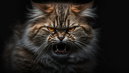 Naklejka na ściany i meble Hissing angry cat portrait. Agressive growling cat or feline. Ai generated