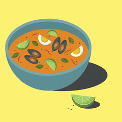 Tom yam with oysters. Illustration of Asian food