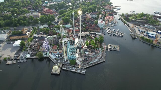 Aerial video of an amusement park in Stockholm, Sweden. Lund's throat