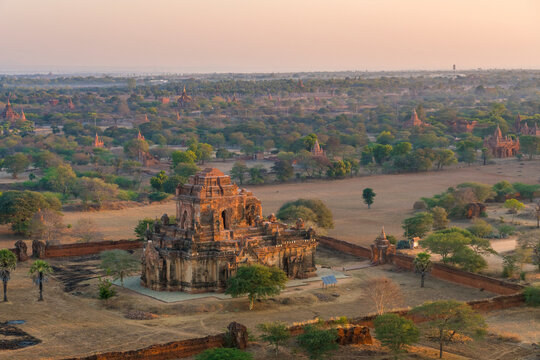 Old temples in Bagan at sunrise, Old Bagan (Pagan), UNESCO World Heritage Site
