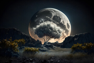 Fototapeta na wymiar Moonlight landscape. Generative AI