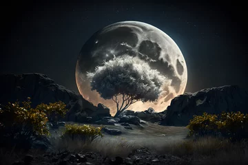Lichtdoorlatende gordijnen Volle maan en bomen Moonlight landscape. Generative AI