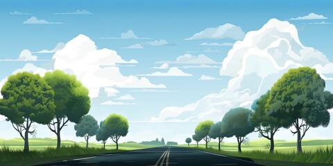 Obraz na płótnie Canvas Nature s Oasis Blue Sky and Green Forest Meet on Asphalt Road, Generative AI