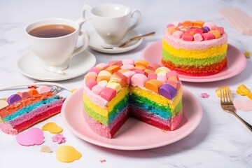 Obraz na płótnie Canvas Delicious and beautiful cake with rainbow colors, served with tea or coffee. Generative AI