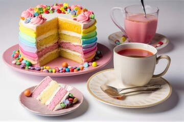 Delicious and beautiful cake with rainbow colors, served with tea or coffee. Generative AI