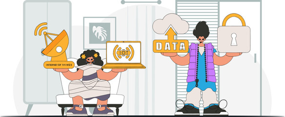 Guy and girl form a partnership in the IoT industry, as seen through a modern vector character style.