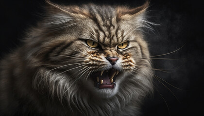 Fototapeta na wymiar Hissing angry cat portrait. Agressive growling cat or feline. Ai generated