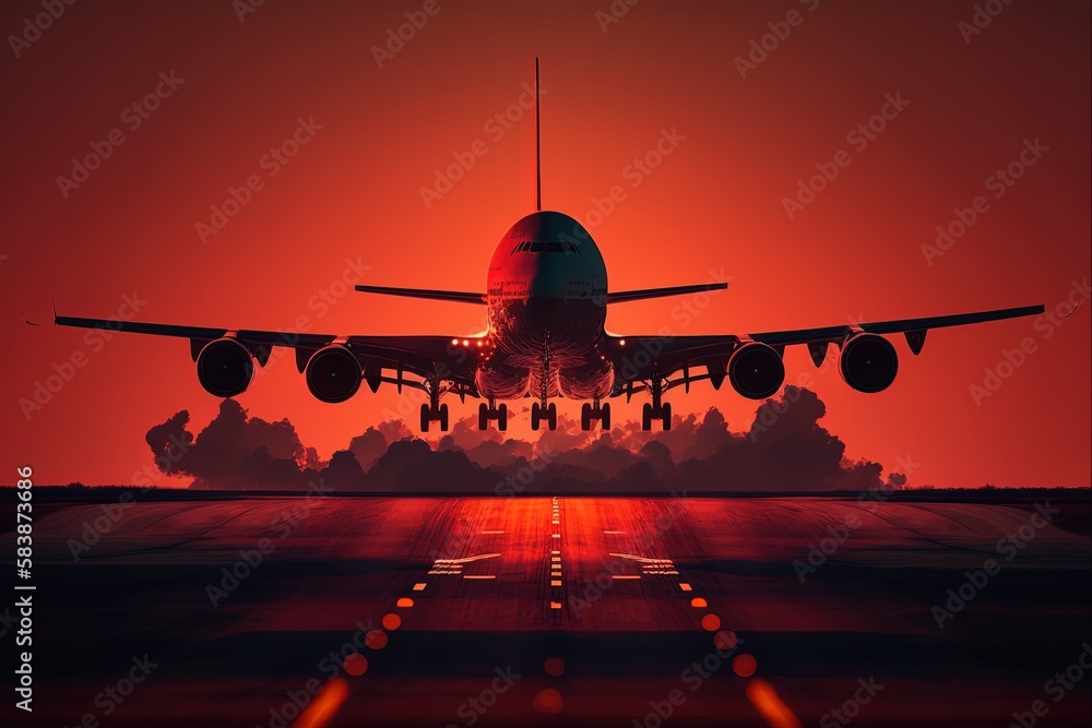 Poster several long-distance planes in deperture approach a runway at dusk, landing in front of a fiery red