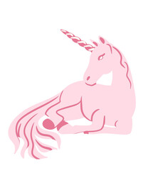 Hand drawn illustration of pink unicorn. Pastel mythological horse creature n cartoon girly style for kids nursery decor, cute kawaii animal, simple fairy tale art.