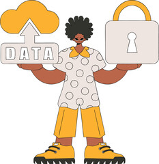 Vector modern style character cloud storage and padlock.