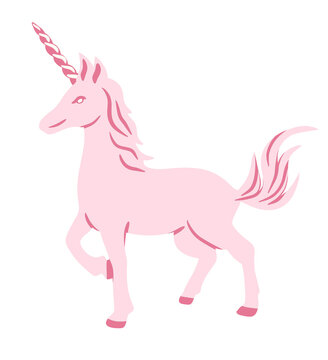 Hand drawn illustration of pink unicorn. Pastel mythological horse creature n cartoon girly style for kids nursery decor, cute kawaii animal, simple fairy tale art.