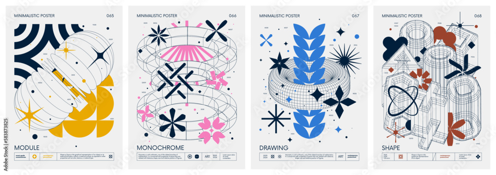 Poster brutalist style vector minimalistic posters with strange wireframes graphic assets of geometrical sh