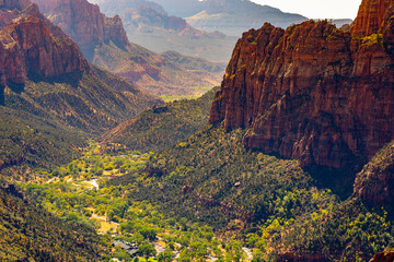 Zion Canyon taken from Angels Landing on sunny day, Zion National Park, Utah