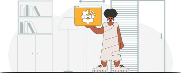 Girl hold IoT logo. modern vector character style.