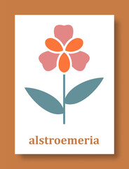 Abstract symbol of alstroemeria flower. Simple minimal style of alstroemeria petals and branch with leaves. Vector illustration.