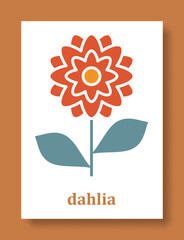Abstract symbol of dahlia flower. Simple minimal style of dahlia petals and branch with leaves. Vector illustration.