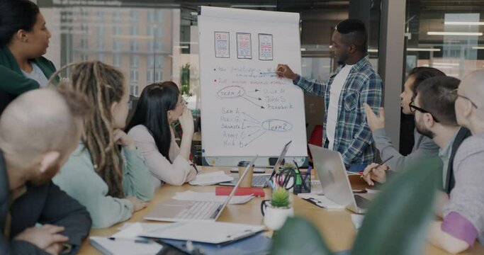 Multi-ethnic group of employees watching presentation while man speaking about mobile app and pointing at board in office. People and teamwork concept.
