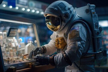 astronaut purchasing items at a futuristic space shop, ai generative - obrazy, fototapety, plakaty