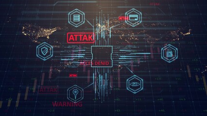 Computer graphics a schematic microchip of artificial intelligence with icons symbolizing life activity against the background of a world map and warning labels. Information and economic security