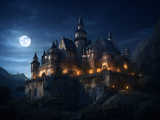 Fototapeta premium serene nighttime castle, breathtaking fantasy illustration, dreamy medieval scene, generative AI 