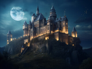 Fototapeta na wymiar serene nighttime castle, breathtaking fantasy illustration, dreamy medieval scene, generative AI 