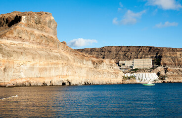 View on Taurito village and diamond resorts Princess from Puerto de Mogan, Gran Canaria, Spain