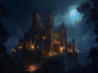 Obraz premium illuminated castle at night, enchanting atmosphere, high-quality artwork, generative AI 