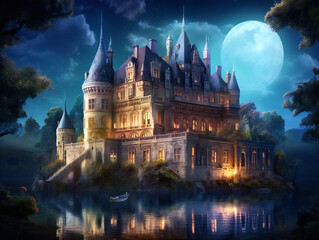 Fototapeta na wymiar magical castle under starry night sky, fantasy landscape, stunning illustration, generative AI 