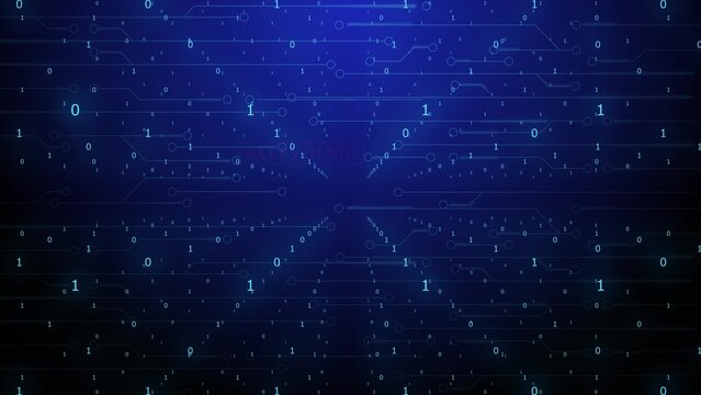 Computer graphics warning labels in red on a black background of an infinity of zeros and ones move forward. Digitalization of human life