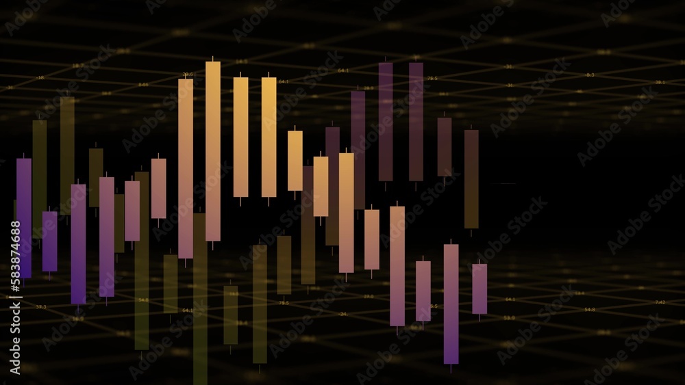 Poster Two layers of the Coordinate System with running numbers at the points of intersection with a neon network moving on a dark background. A candlestick chart appears between them. Computer graphics