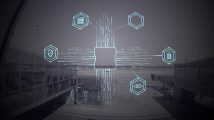 Computer graphics background footage microprocessor on the background of icons with symbols of the consumer society. Double exposure with airport