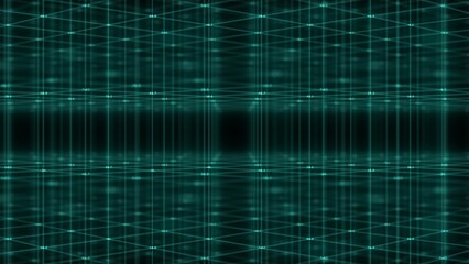A volumetric coordinate system with running numbers at the points of intersection with a neon network moves on on a blue background. Computer graphics background footage. Network of squares