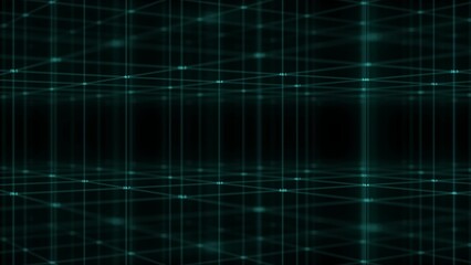 A threedimensional Coordinate System with running numbers at the points of intersection with a neon network moves on a dark background. Computer graphics background footage. Crystal cell
