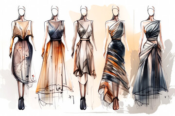 Fashion Book, blending ink pen sketches & watercolor, revealing dress design concepts. Dive into style, patterns, & haute couture with vivid illustrations & designer insights. Generative AI