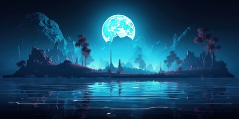Illustration of a futuristic night landscape with abstract island and moonlight, shining reflections in water, neon blue and dark neon background, Generative AI