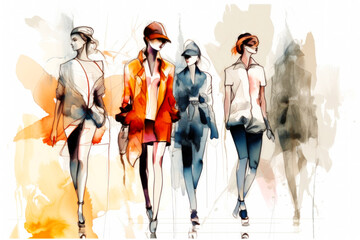 Fashion Book, blending ink pen sketches & watercolor, revealing dress design concepts. Dive into style, patterns, & haute couture with vivid illustrations & designer insights. Generative AI