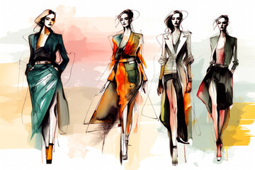 Fashion Book, blending ink pen sketches & watercolor, revealing dress design concepts. Dive into style, patterns, & haute couture with vivid illustrations & designer insights. Generative AI
