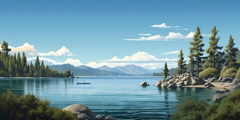 View Sand Harbor State Park through a high-resolution panorama of Lake Tahoe, Generative AI - obrazy, fototapety, plakaty